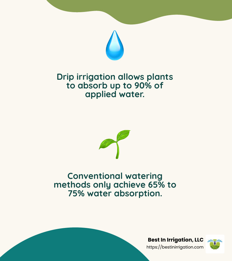 Drip irrigation systems allow plants to effectively absorb 90% of the applied water, while traditional watering methods only have a 65% to 75% absorption rate. - Drip irrigation installation infographic 2_facts_emoji_nature