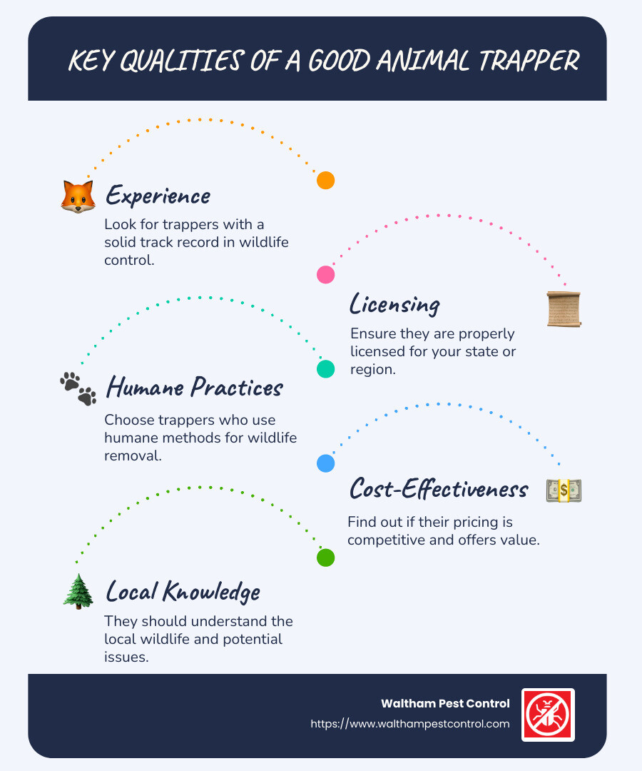 What to consider when finding an animal trapper near me: List of key qualities of a good animal trapper, including licensing, experience, and humane practices. - animal trapper near me infographic infographic-line-5-steps-blues-accent_colors