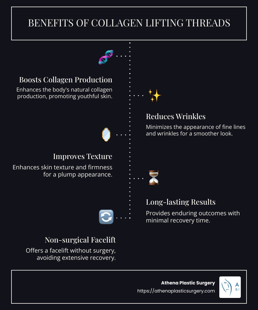Overview of collagen lifting threads benefits and procedure - collagen lifting threads infographic infographic-line-5-steps-dark