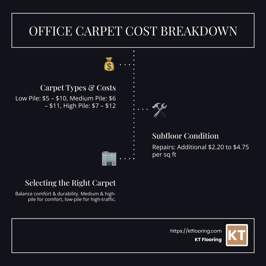 Infographic detailing average office carpet costs based on pile height and subfloor condition, illustrating a range of costs from basic installation to scenarios requiring subfloor repair - office carpet cost per square foot infographic infographic-line-3-steps-dark
