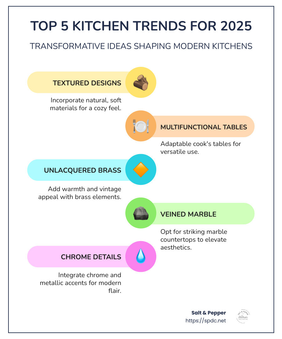 Infographic detailing the top 5 kitchen trends for 2025 with images of textured designs, multifunctional tables, unlacquered brass, marble countertops, and chrome details - Innovative kitchen ideas infographic infographic-line-5-steps-colors