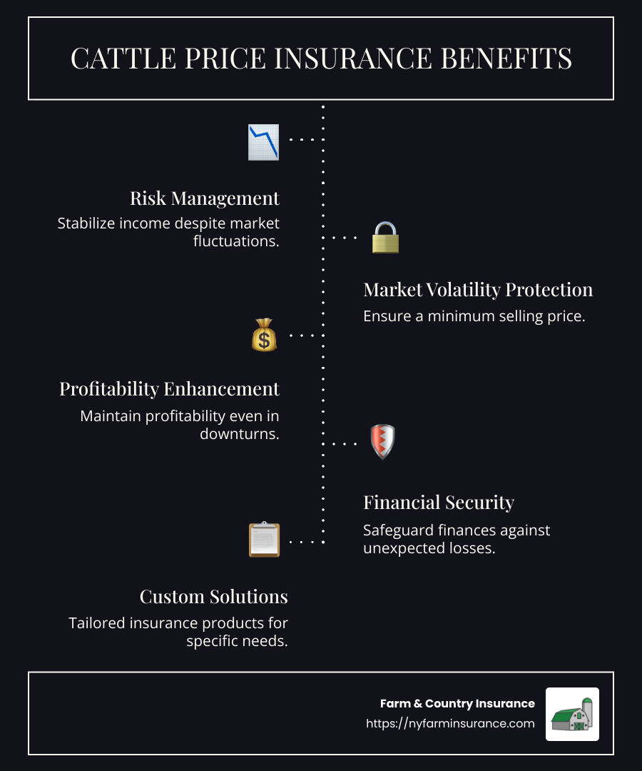 3916312cf078b16c9a08c9839540b22b269f34f5 Steer Clear of Losses: Cattle Price Insurance Explained Discover cattle price insurance benefits, manage market risks, and choose the right coverage to stabilize your profits today! Cattle price insurance basics infographic, showing protection against price volatility, market trends, risk mitigation strategies, and stabilizing farm income - cattle price insurance infographic infographic-line-5-steps-dark