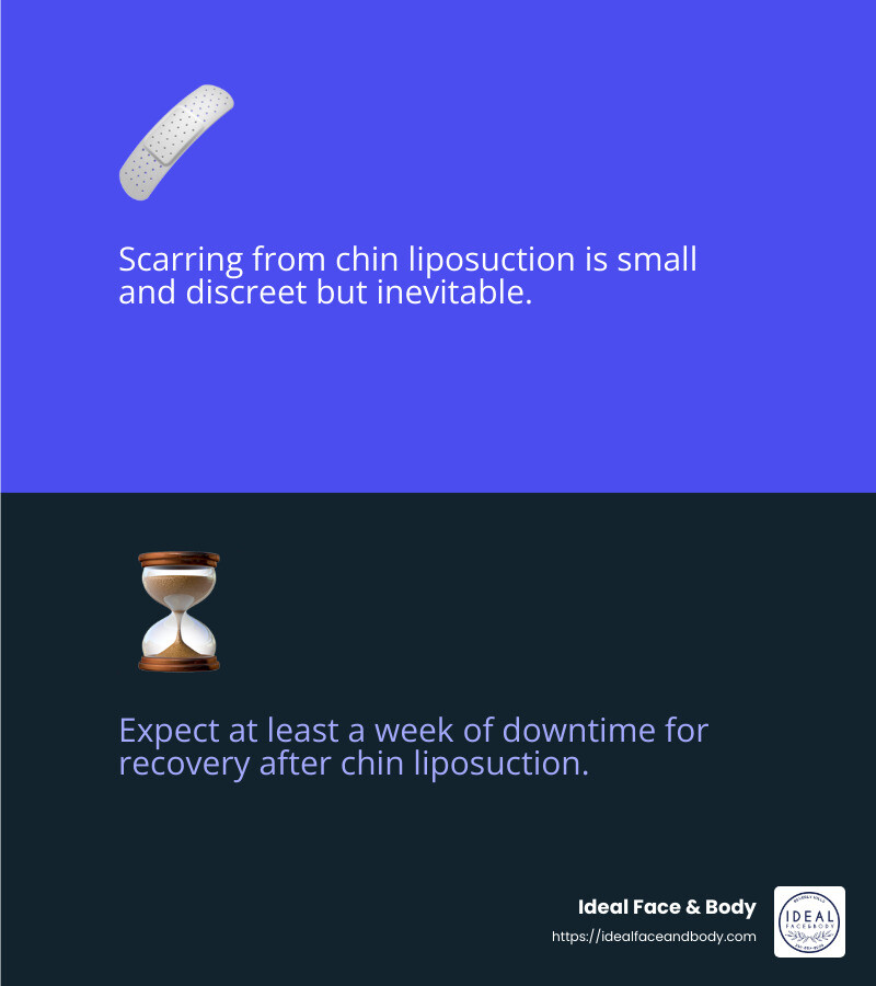 Scarring and recovery time are common concerns for patients considering chin liposuction - liposuction for chin fat infographic 2_facts_emoji_blue