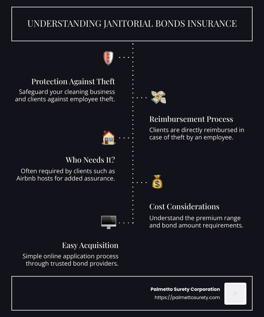 Detailed infographic about janitorial bonds insurance, highlighting protection against employee theft, the reimbursement process for clients, industries that commonly require bonds, and average premium costs. - janitorial bonds insurance infographic infographic-line-5-steps-dark