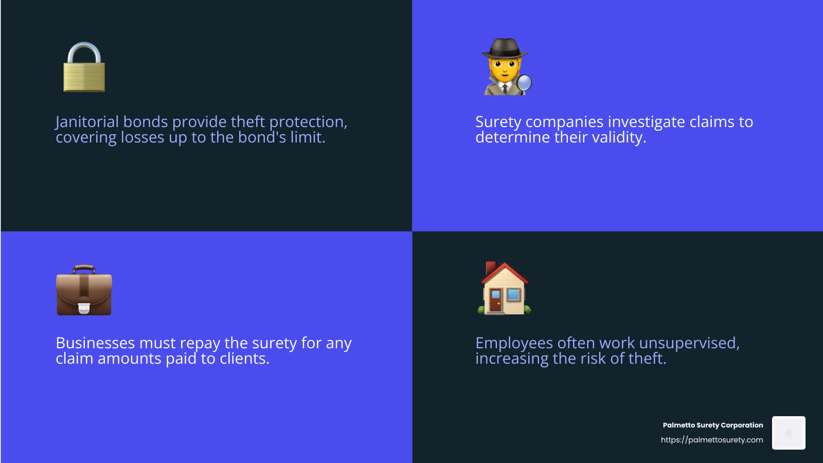 Example of a janitorial bond claim process - janitorial bonds insurance infographic 4_facts_emoji_blue