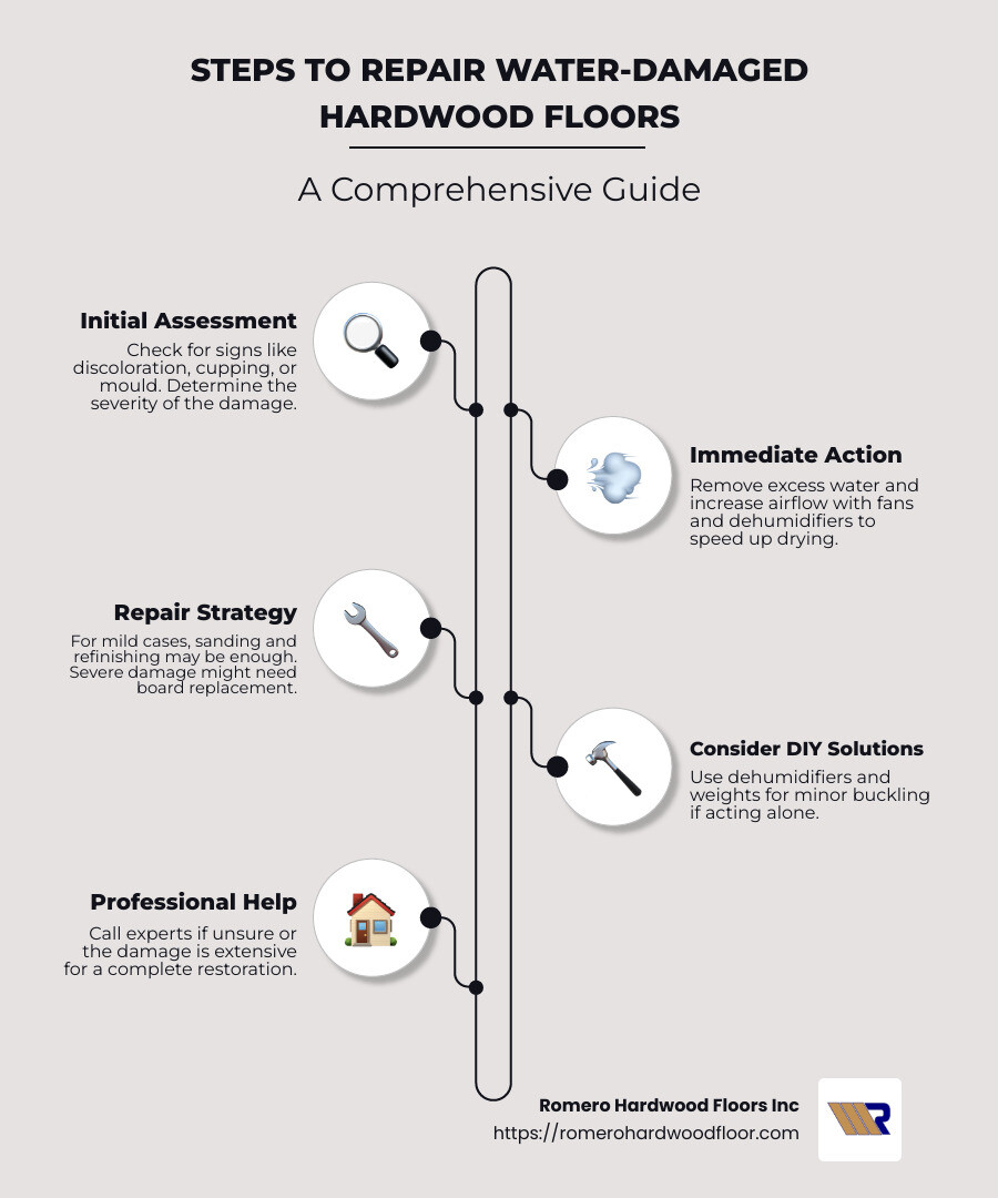 Steps to repair water damaged hardwood floors from initial assessment to professional intervention - Hardwood floor water damage repair infographic infographic-line-5-steps-neat_beige