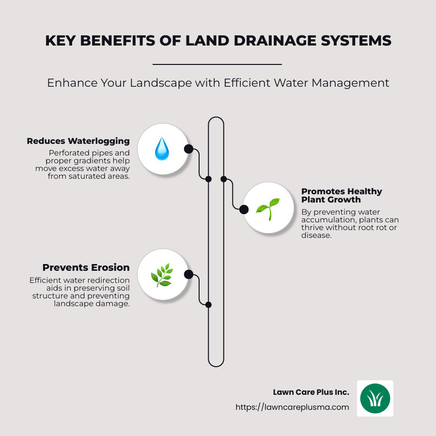 An infographic detail of key components and benefits of land drainage systems, showing a simplified layout with perforated pipes, gradient effects, and benefits like improved plant growth and reduced erosion - land drainage system infographic infographic-line-3-steps-neat_beige