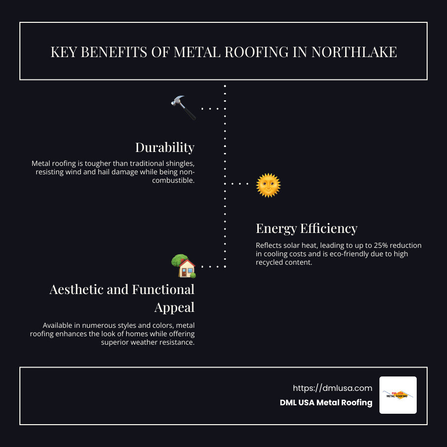 Infographic: Metal Roofing Benefits and Energy Efficiency Explained - metal roofing Northlake infographic infographic-line-3-steps-dark