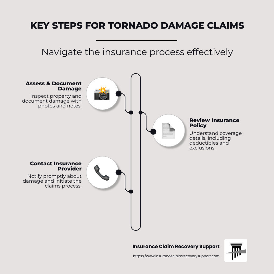 Infographic detailing steps to file tornado damage claims successfully - tornado damage claims infographic infographic-line-3-steps-neat_beige