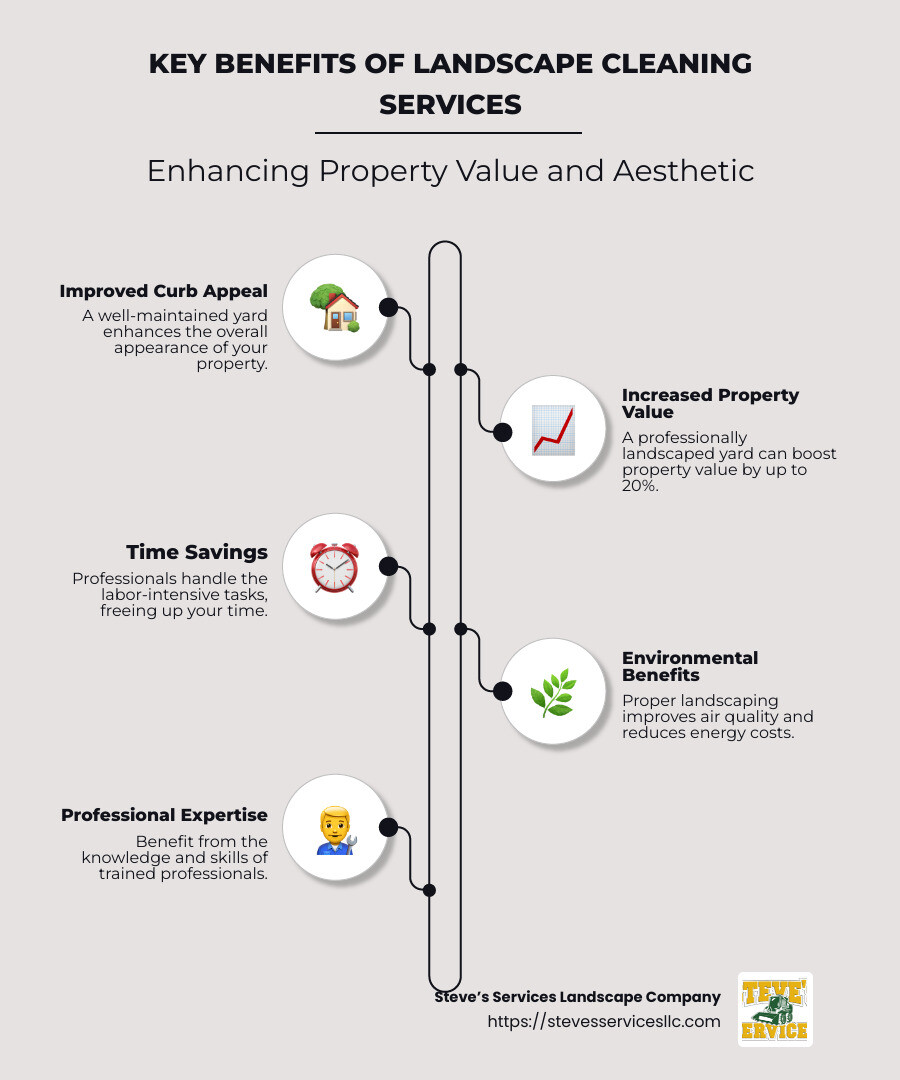 detailed infographic showing key benefits of landscape cleaning services, including curb appeal, property value, and time savings - landscape cleaning services infographic infographic-line-5-steps-neat_beige