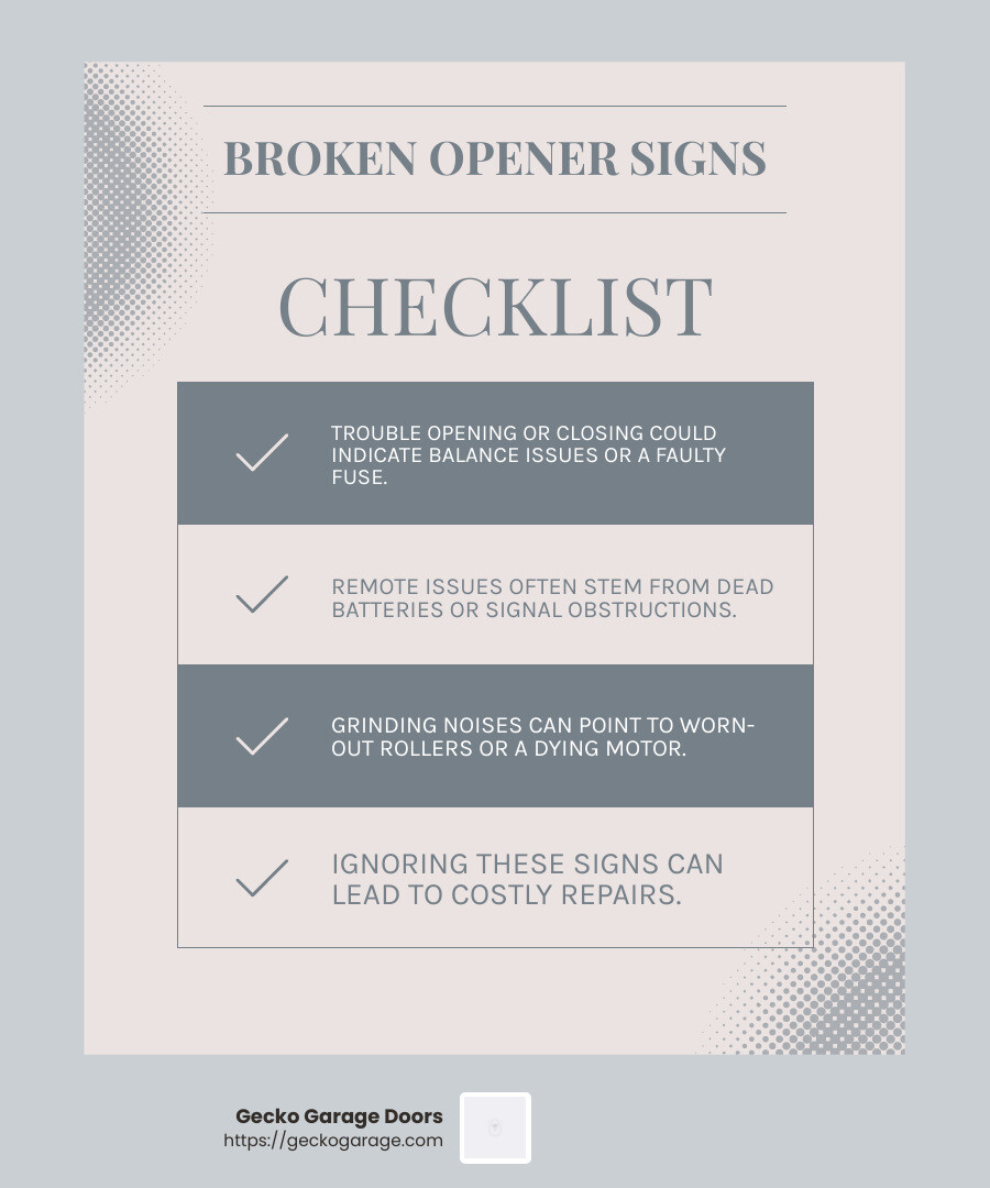 Grinding noises indicate deeper issues - Broken garage door opener infographic checklist-light-blue-grey