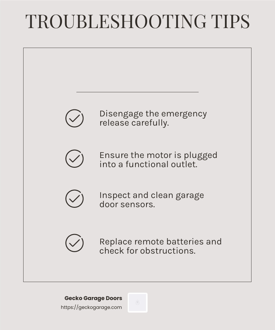 Check motor to ensure it's plugged in and operational. - Broken garage door opener infographic checklist-light-beige