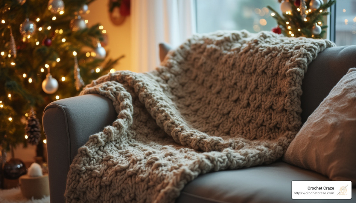 Cozy chunky knit throw with festive decorations - christmas crochet items