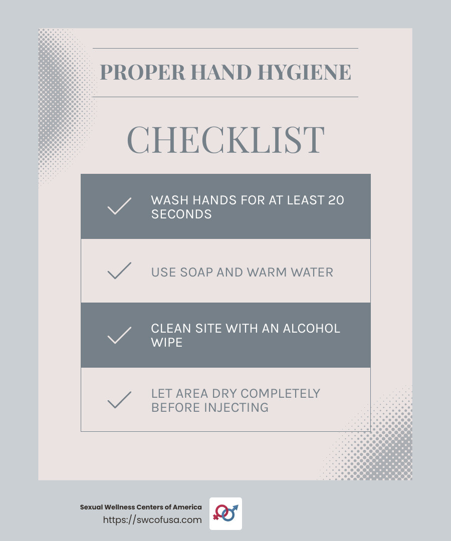 Proper hand hygiene is crucial to prevent infections. - im shot in thigh infographic checklist-light-blue-grey