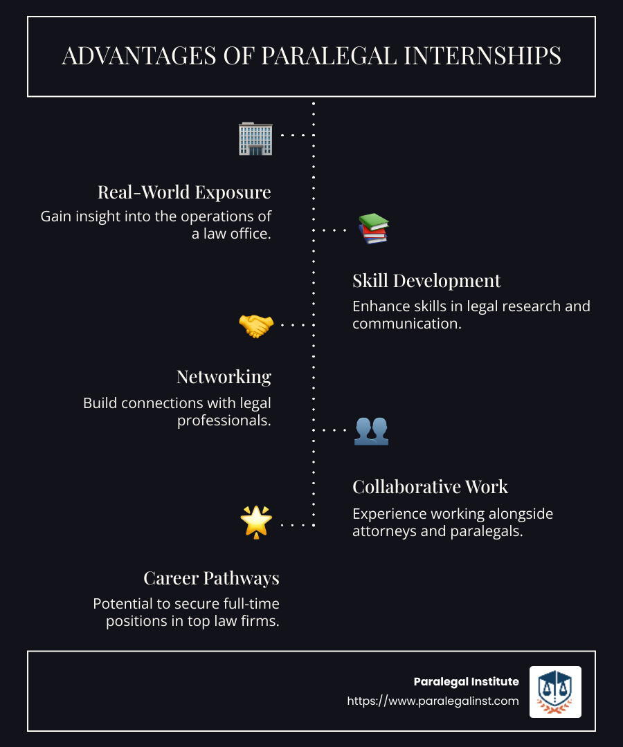 Infographic on paralegal internship benefits and opportunities - Paralegal internship opportunities infographic infographic-line-5-steps-dark