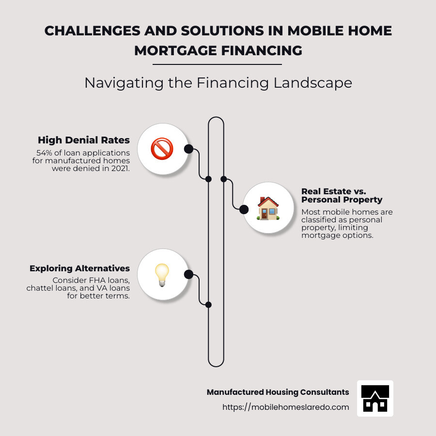 Infographic showing the percentage of denied loan applications for mobile versus site-built homes, reasons for denial, and types of loans available for mobile homes, including FHA and personal loans, with visual representations for each financing challenge and solution - mobile home mortgage financing infographic infographic-line-3-steps-neat_beige Infographic showing the percentage of denied loan applications for mobile versus site-built homes, reasons for denial, and types of loans available for mobile homes, including FHA and personal loans, with visual representations for each financing challenge and solution - mobile home mortgage financing infographic infographic-line-3-steps-neat_beige