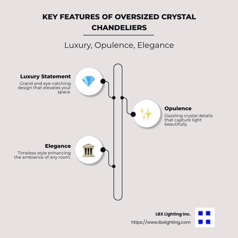 Infographic showing key features of oversized crystal chandeliers: grand design, and timeless style - oversized crystal chandeliers infographic infographic-line-3-steps-neat_beige