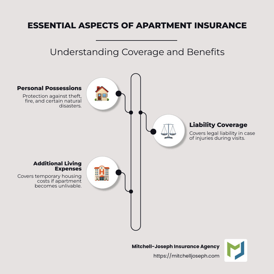 Detailed infographic summarizing main points of apartment insurance including coverage types, importance, and protection benefits - apartment insurance infographic infographic-line-3-steps-neat_beige