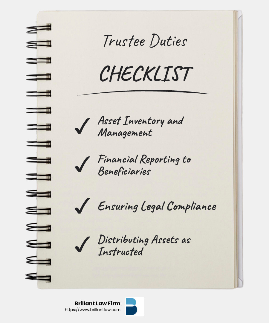 Trust administration involves various tasks like asset management, legal compliance, and distribution of assets to beneficiaries. - cost of administering a trust infographic checklist-notebook