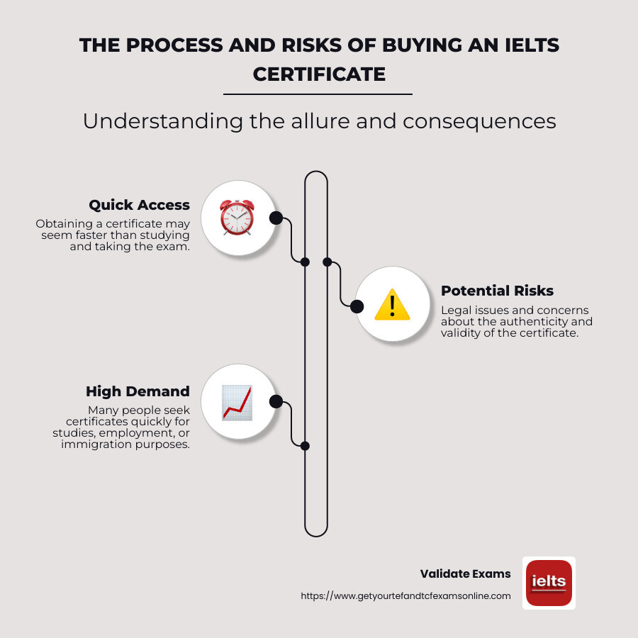 Infographic highlighting process and risks of buying IELTS certificates - buy genuine ielts certificate online infographic infographic-line-3-steps-neat_beige
