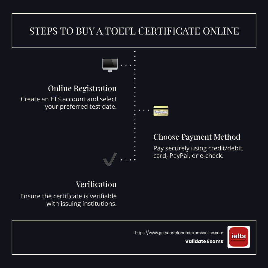 Infographic describing the online registration and payment methods for buying TOEFL certificates - buy TOEFL certificate online infographic infographic-line-3-steps-dark Infographic describing the online registration and payment methods for buying TOEFL certificates - buy TOEFL certificate online infographic infographic-line-3-steps-dark