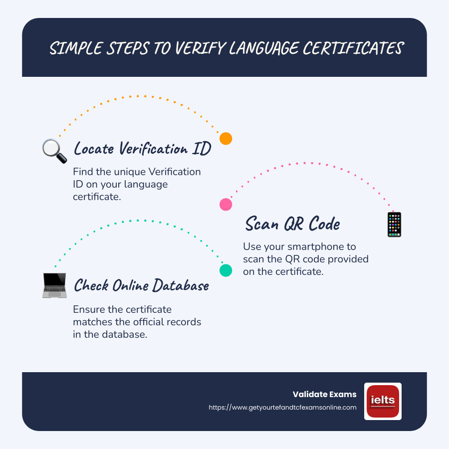 Verify Language Certificates - infographic displaying simple steps to verify, including scanning QR code and using Verification ID - Verify language certificates infographic infographic-line-3-steps-blues-accent_colors