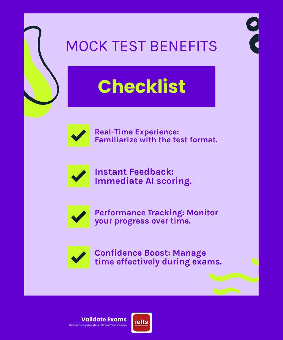 Mock tests are essential for understanding the PTE test format and improving time management skills. - PTE score guaranteed infographic checklist-fun-neon
