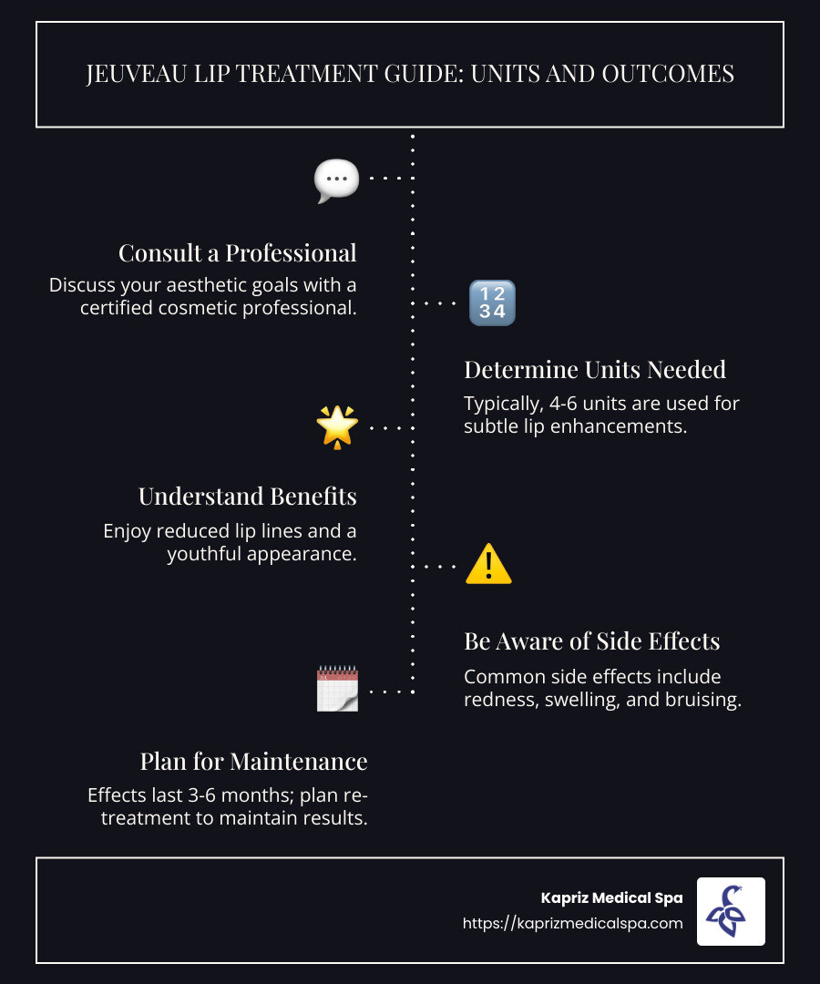 Jeuveau Lip Treatment Guide: Units and Outcomes - how many units of jeuveau do i need for lips infographic infographic-line-5-steps-dark