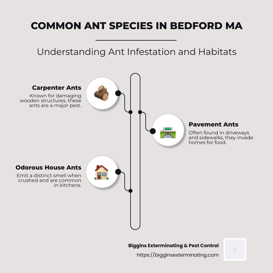 Illustration of ant species common in Bedford MA and their habitats - Ant Treatment Bedford MA infographic infographic-line-3-steps-neat_beige