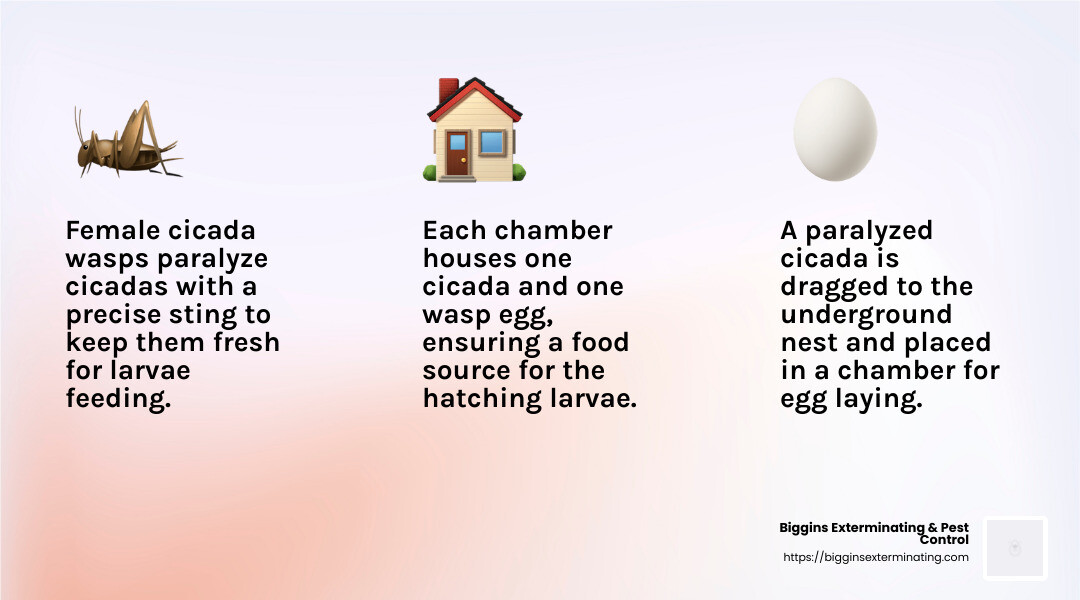 Cicada Killer Wasp dragging cicada - cicada wasp nest infographic 3_facts_emoji_light-gradient