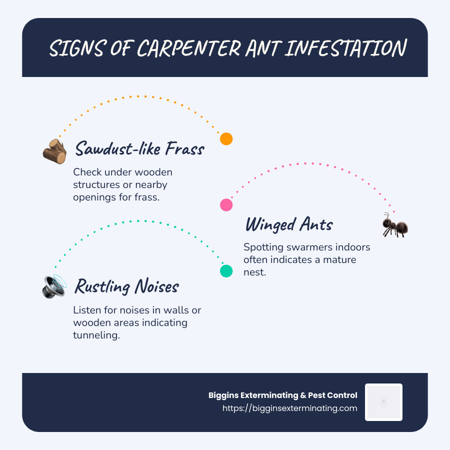Infographic showing signs of carpenter ant infestation - carpenter ant infestation in house infographic infographic-line-3-steps-blues-accent_colors