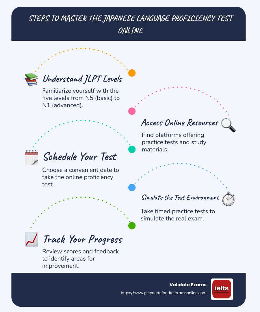Infographic on Japanese Language Proficiency Test Online Process - japanese language proficiency test online infographic infographic-line-5-steps-blues-accent_colors