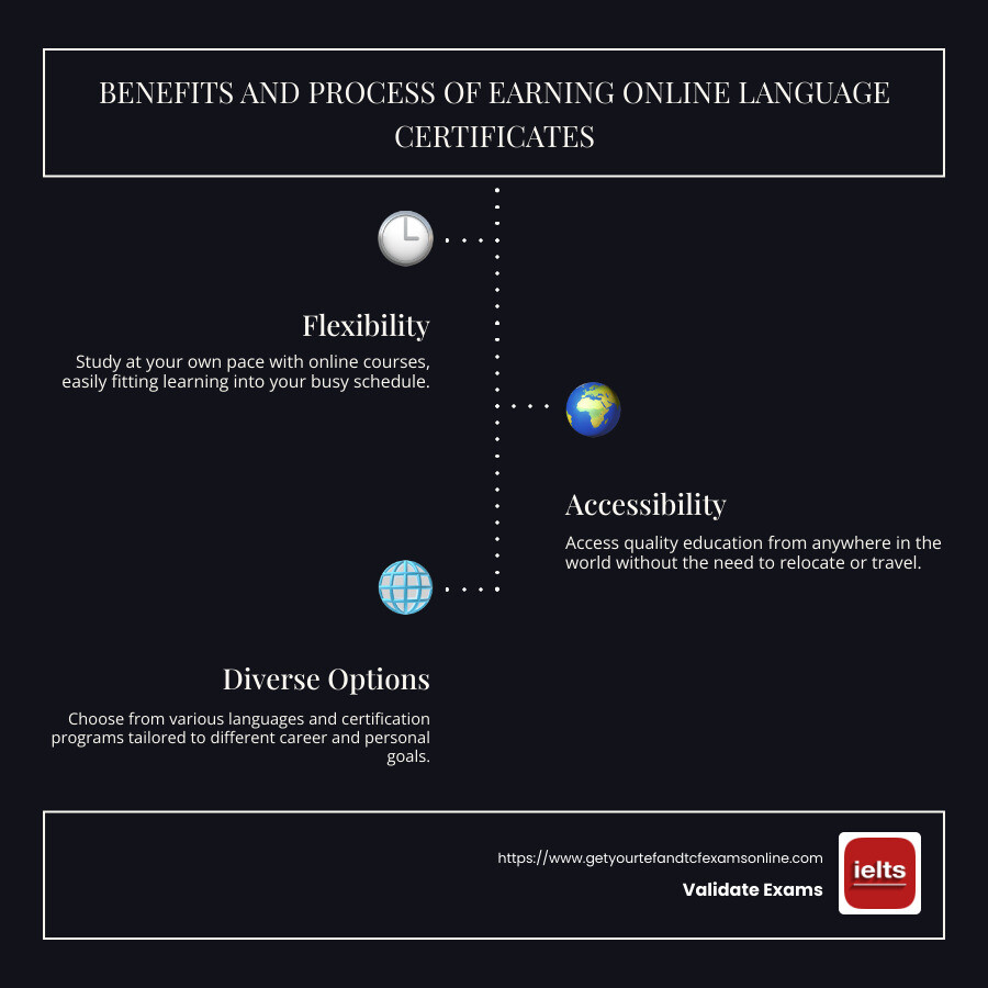 Infographic detailing the benefits and process of earning online language certificates - online language certificates infographic infographic-line-3-steps-dark