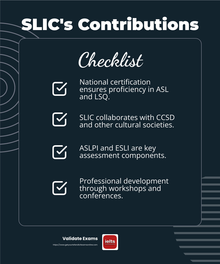 SLIC's Impact on Sign Language Education - sign language certification canada infographic checklist-dark-blue