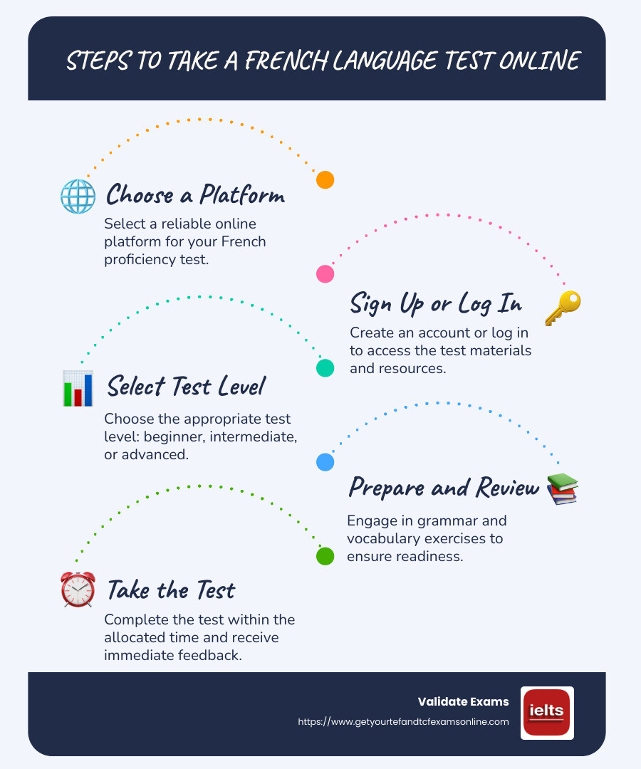 Infographic showing the steps to take a french language test online - french language test online infographic infographic-line-5-steps-blues-accent_colors