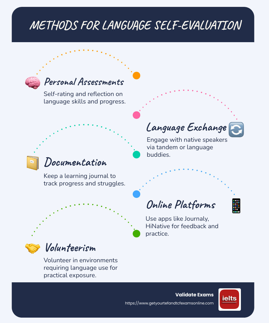 Methods for Language Self-Evaluation: Infographic with 5 sections detailing personal assessments, language exchange, documentation, online platforms, and volunteerism. - language proficiency without exams infographic infographic-line-5-steps-blues-accent_colors