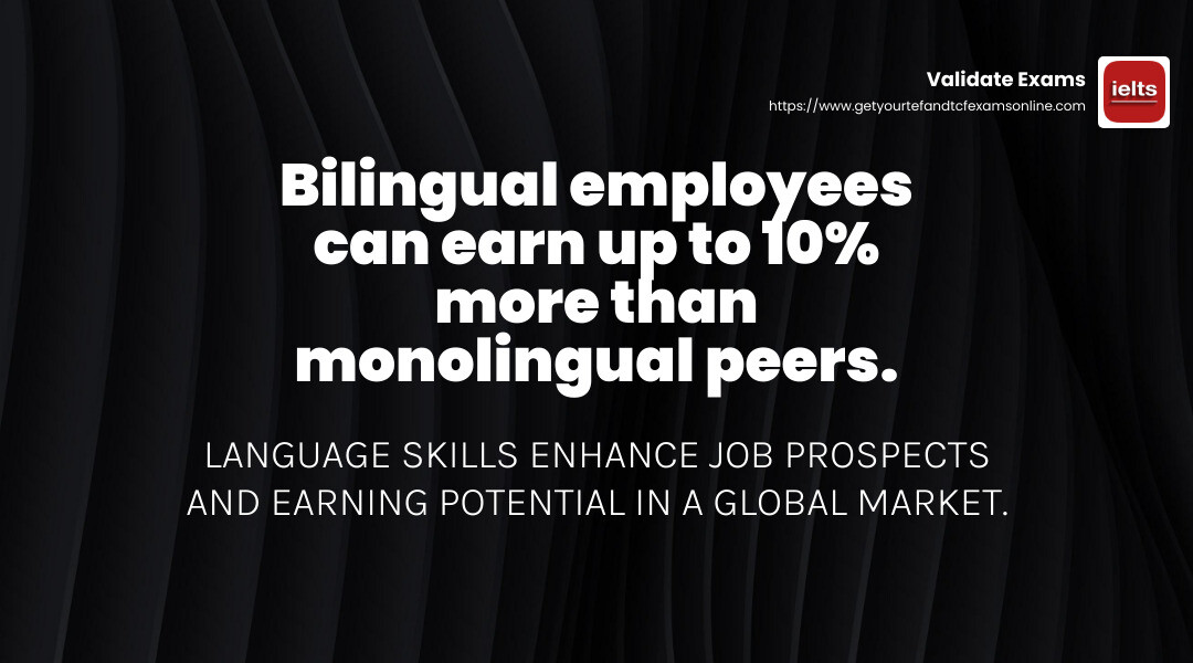 Bilingual employees can earn up to 10% more than monolingual peers - language proficiency without exams infographic simple-stat-landscape-dark