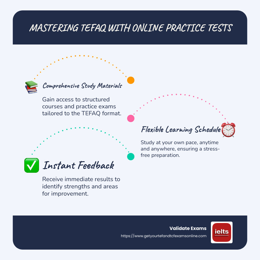 Infographic detailing key features of the TEFAQ online practice test - tefaq practice test online infographic infographic-line-3-steps-blues-accent_colors