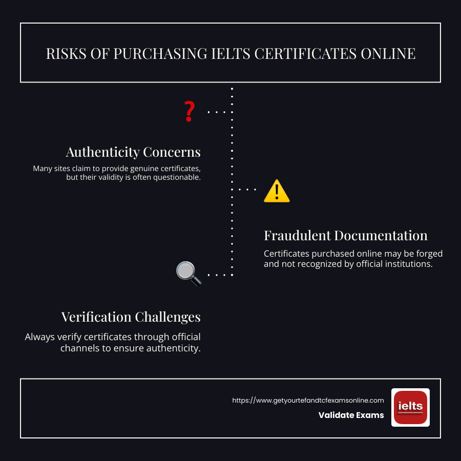 Infographic explaining risks and considerations when purchasing IELTS certificates online - Purchase IELTS certificate online infographic infographic-line-3-steps-dark