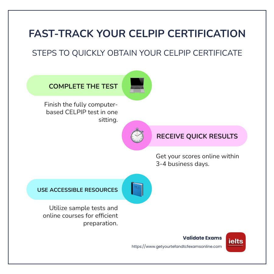 Infographic on How to Fast-Track Your CELPIP Certification - CELPIP certificate fast infographic infographic-line-3-steps-colors
