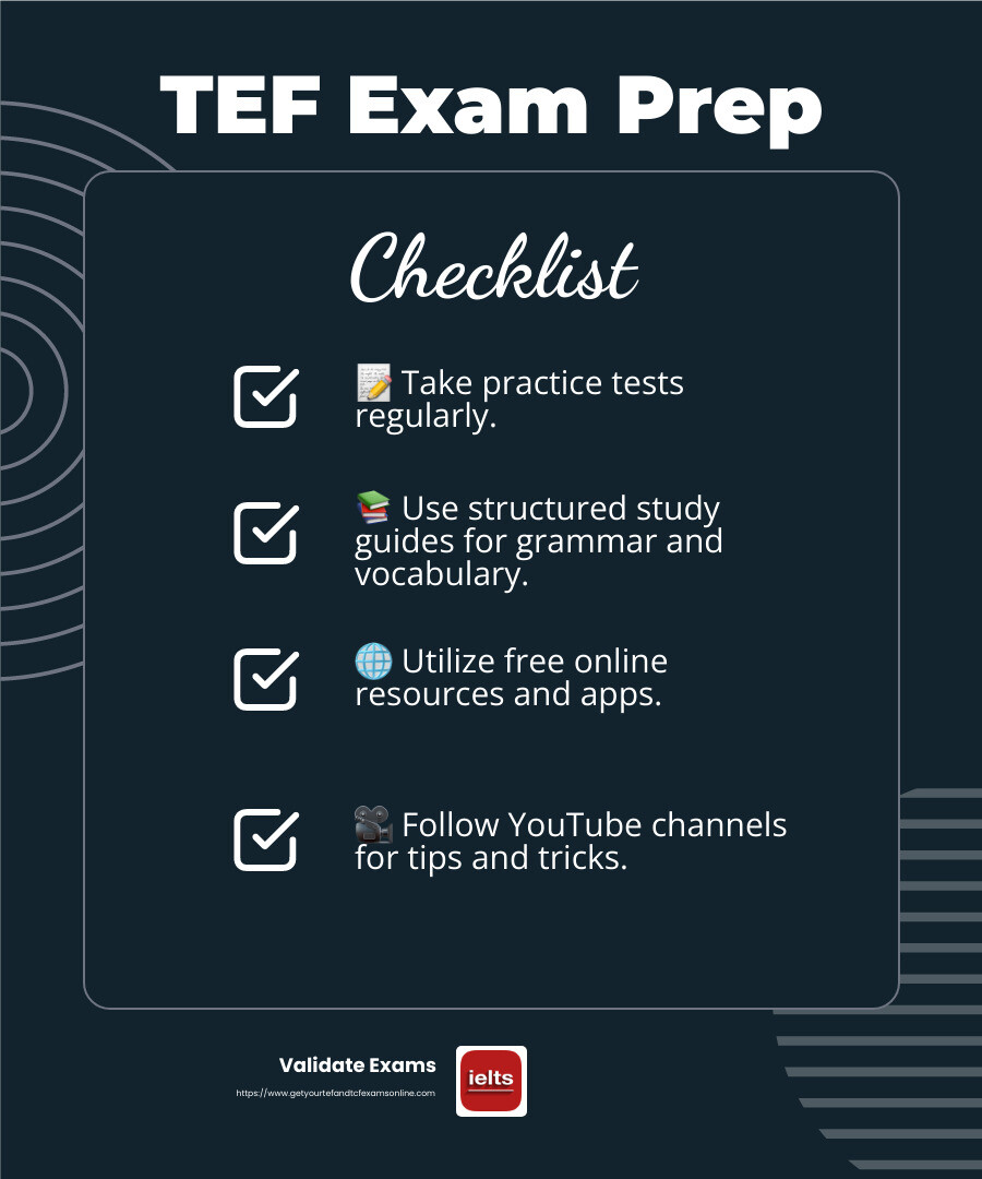 TEF Exam Resources - tef exam preparation online free infographic checklist-dark-blue
