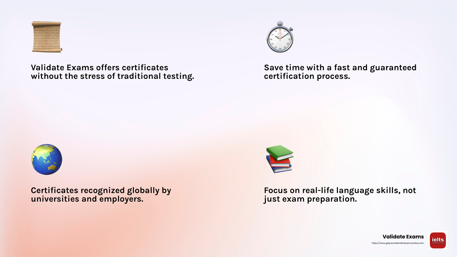 Validate Exams: Your Partner in Stress-Free Certification - language proficiency without exams infographic 4_facts_emoji_light-gradient