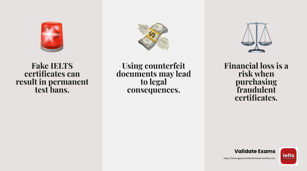 Fraudulent certificates can result in bans and legal issues. - Purchase IELTS certificate online infographic 3_facts_emoji_grey