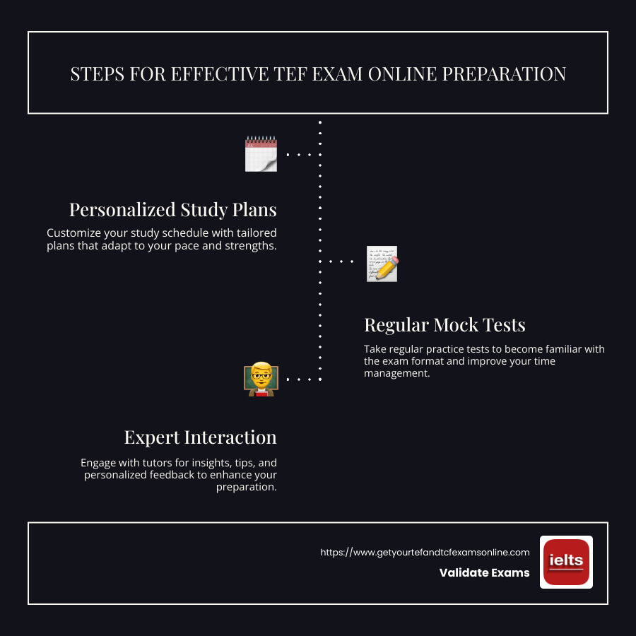 Infographic showing steps for TEF exam online preparation: 1. Personalized study plans 2. Mock tests 3. Interaction with experts - tef exam online preparation infographic infographic-line-3-steps-dark