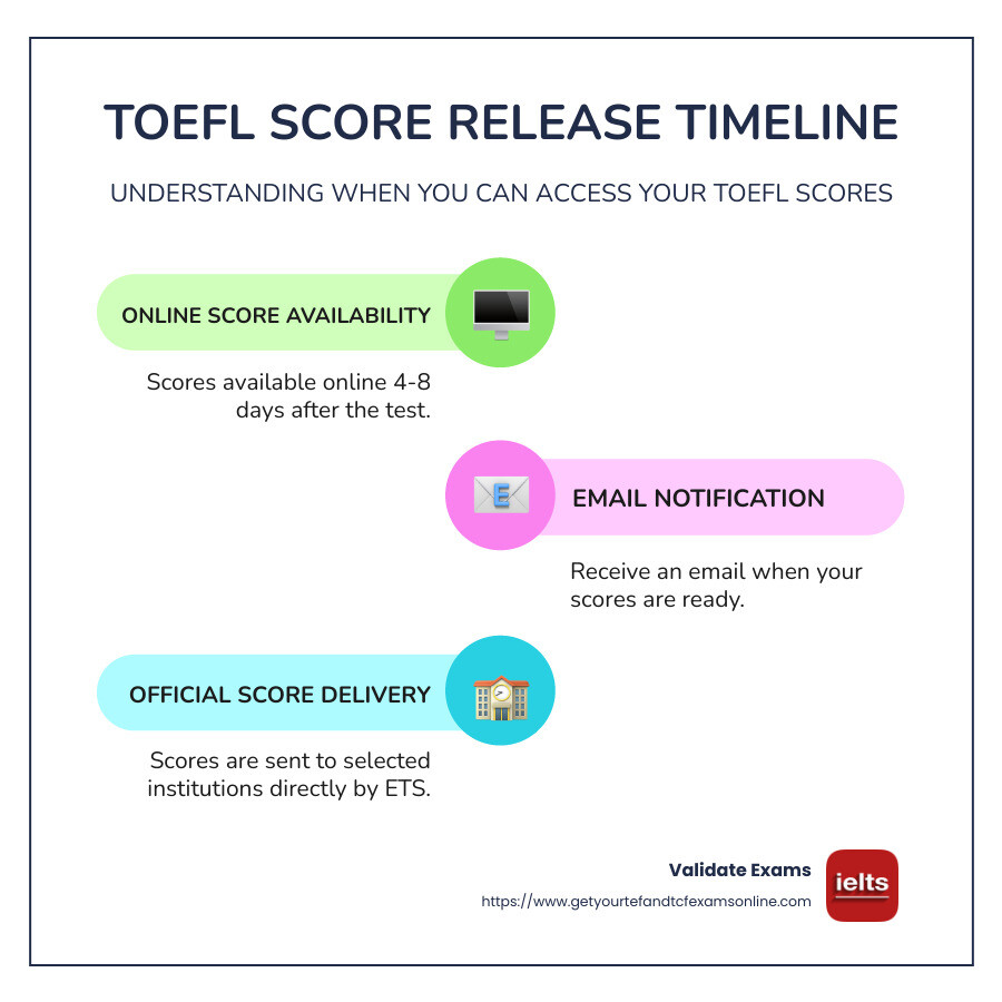 Infographic showing TOEFL score release timeline - when can i get my toefl certificate infographic infographic-line-3-steps-colors