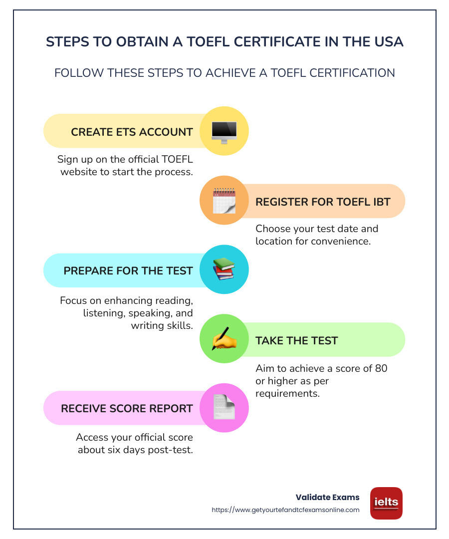 Steps for Obtaining a TOEFL Certificate in the USA - how can i get a toefl certificate usa infographic infographic-line-5-steps-colors