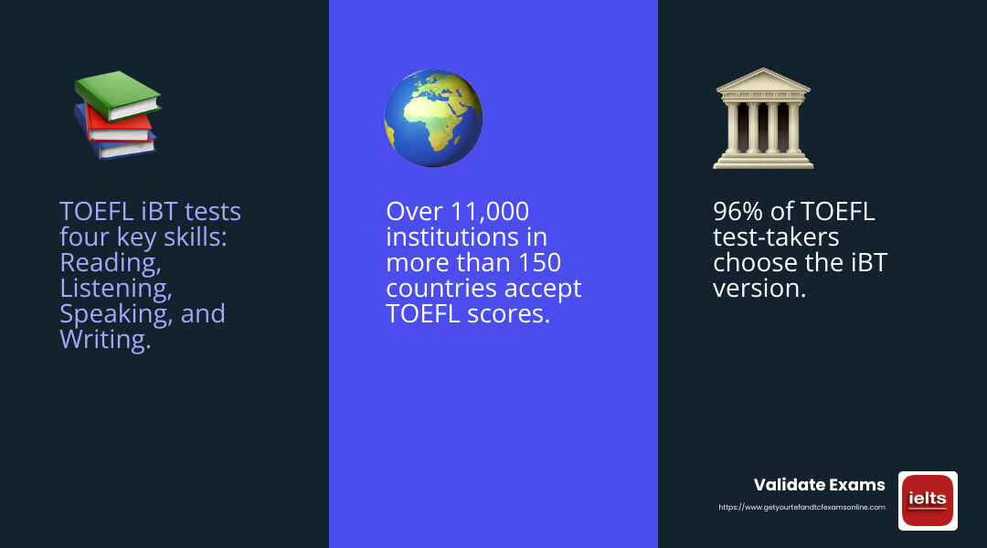 TOEFL: A Global Standard for University Admissions - online toefl courses with certificate infographic 3_facts_emoji_blue