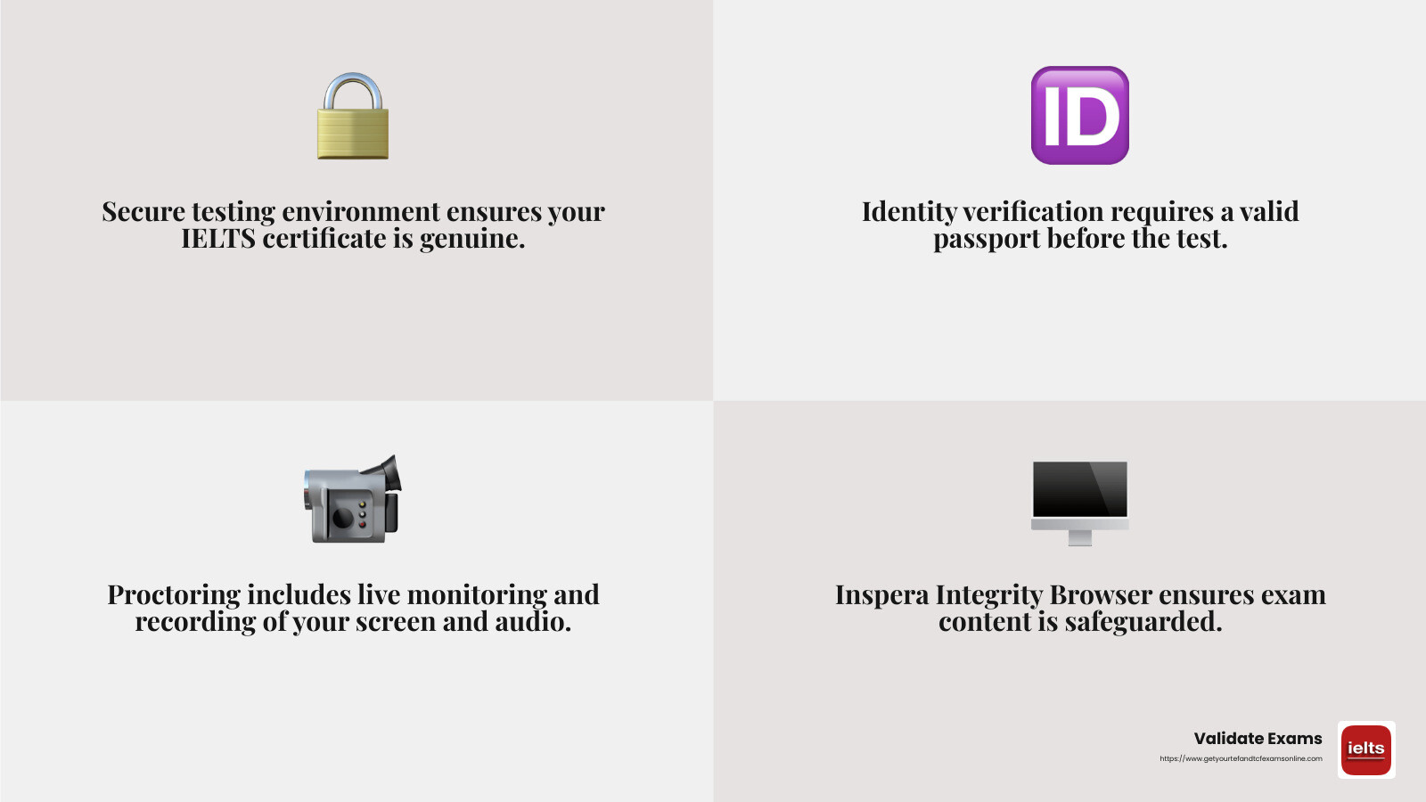 Secure testing environment ensures the integrity of your online IELTS certificate - IELTS certificate online infographic 4_facts_emoji_grey