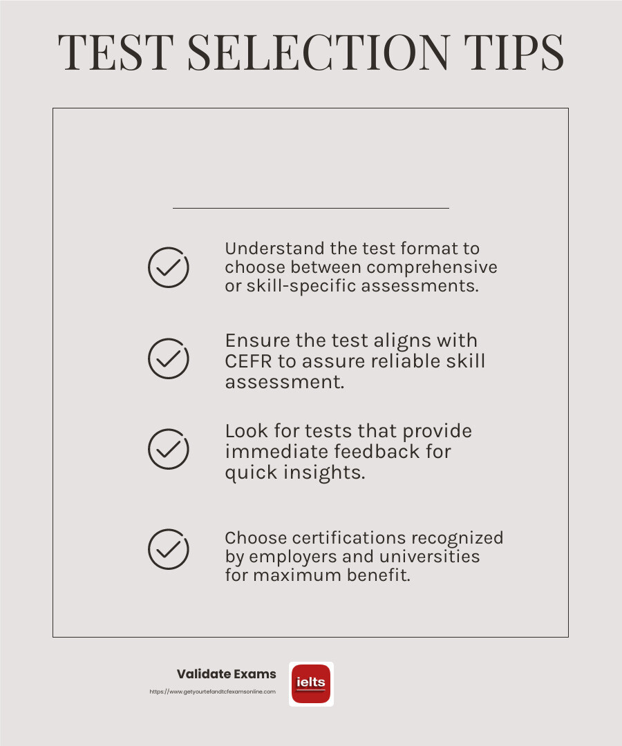 Certification process and standards - english language proficiency test online infographic checklist-light-beige