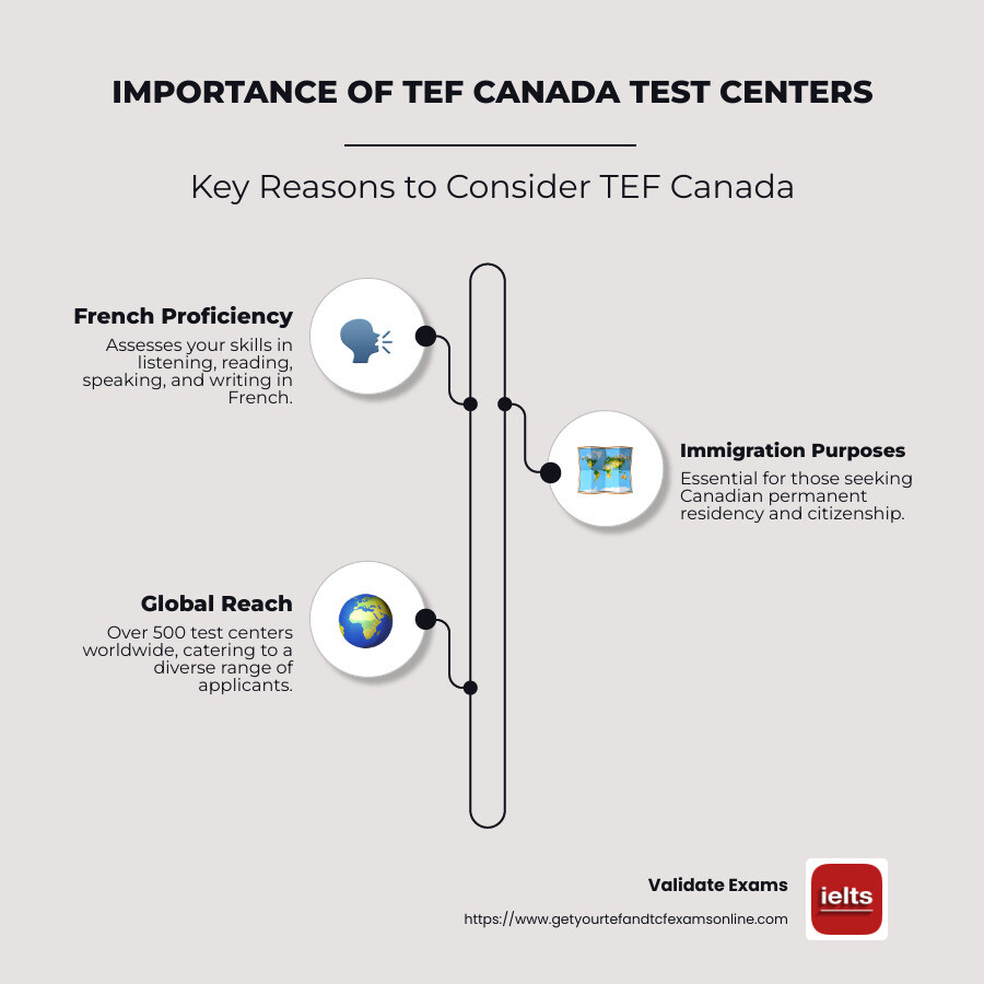 Detailed infographic outlining the TEF Canada test process, including test sections, duration, and key locations for exam centers worldwide. - tef canada test center infographic infographic-line-3-steps-neat_beige